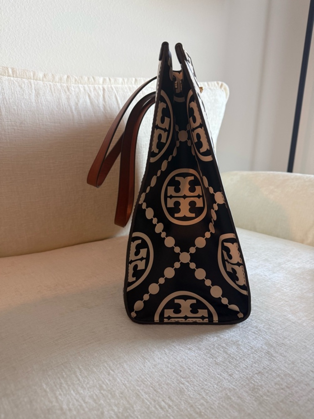 Tory Burch Black and Cream Logo Canvas Tote with Brown Leather Straps - Picture 4 of 8